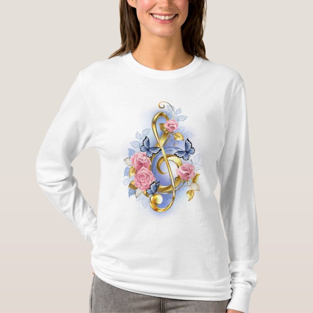 Treble clef with Pink Roses T-Shirt (Front)