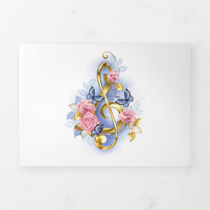 Treble clef with Pink Roses Tri-Fold Announcement