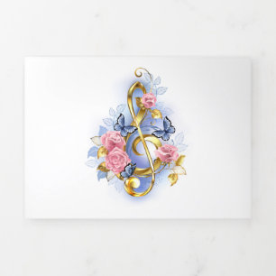 Treble clef with Pink Roses Tri-Fold Card