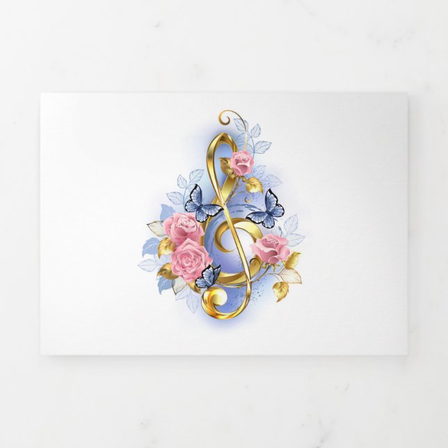 Treble clef with Pink Roses Tri-Fold Card (Cover)