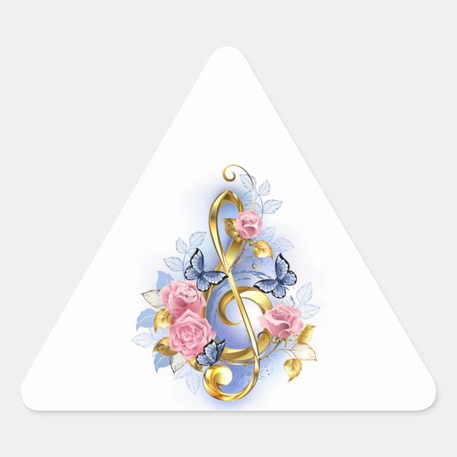 Treble clef with Pink Roses Triangle Sticker (Front)