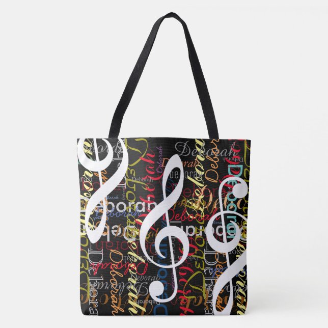 treble clefs with a pattern of colourful names tote bag (Front)