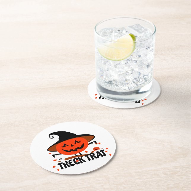 Treck Trat Pumpkin Smiling Round Paper Coaster (Insitu)