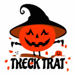 Treck Trat Pumpkin Smiling Standing Photo Sculpture<br><div class="desc">Celebrate Halloween in a spooky way with this Pumpkin Treck Trat artwork featuring a super cute pumpkin with a dagger axe and a ghost. Artwork wears a hat,  adding look of mystery to the ghostly figure.</div>