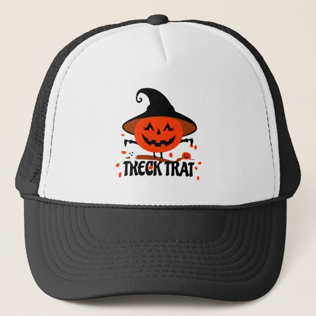 Treck Trat Pumpkin Smiling Trucker Hat (Front)