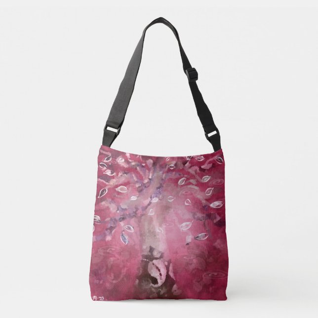 Tree Abstract Art Pink White Leaves Brown Crossbody Bag (Front)