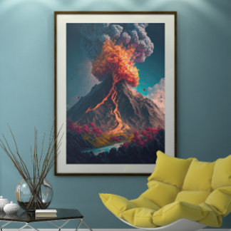 Tree and Erupting Volcano Illustration Poster