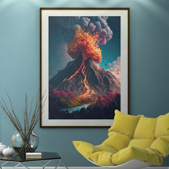 Tree and Erupting Volcano Illustration Poster (Creator Uploaded)