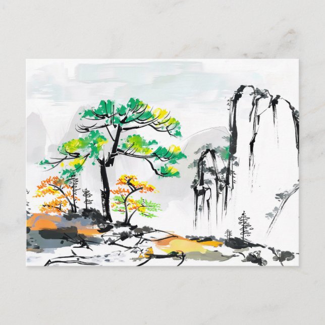 Tree and Landscape with Mountain Village Postcard (Front)