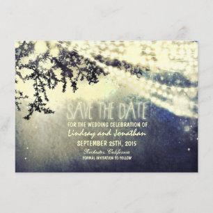 tree and lights rustic save the date cards
