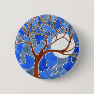 Tree and Moon Art Button- Blue 6 Cm Round Badge