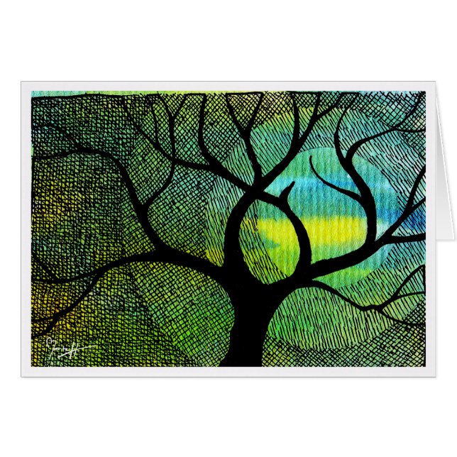 Tree and Moon - Blue and Yellow Watercolors (Front Horizontal)