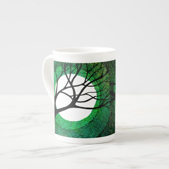 Tree and Moon - Green Bone China Mug (Front Left)