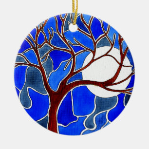 Tree and Moon on Canvas - Blue Ceramic Tree Decoration