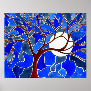 Tree and Moon on Canvas - Blue Poster