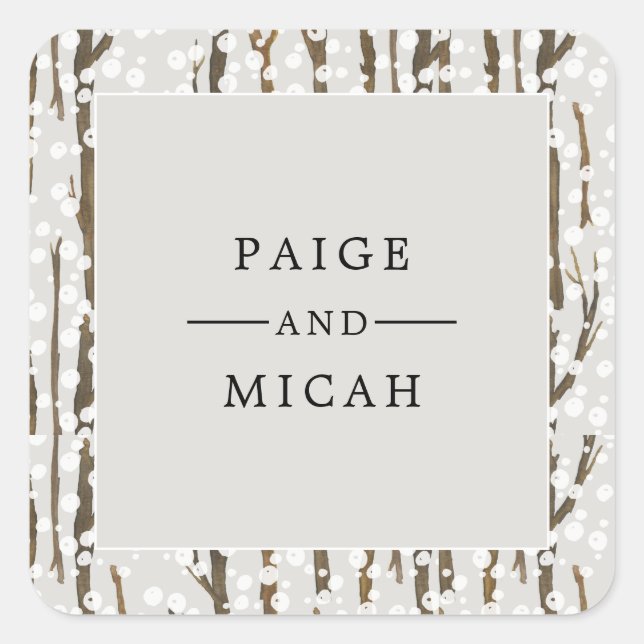 Tree and Snow Winter Engagement Party Square Sticker (Front)