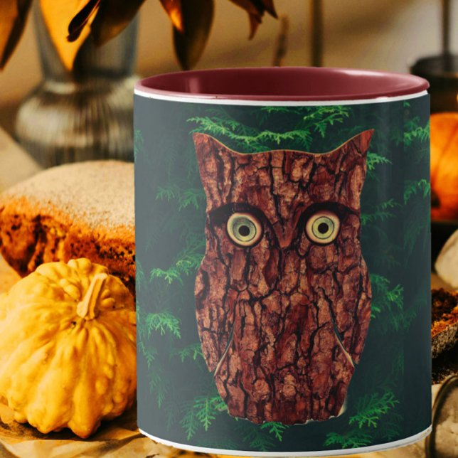 Tree bark owl rustic evergreen brown green mug (Creator Uploaded)