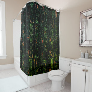 Tree bark under green hammered glass shower curtain