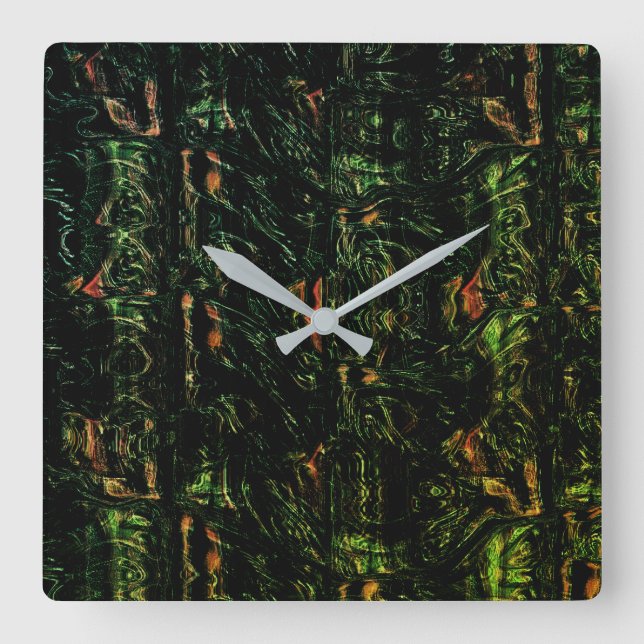 Tree bark under green hammered glass square wall clock (Front)