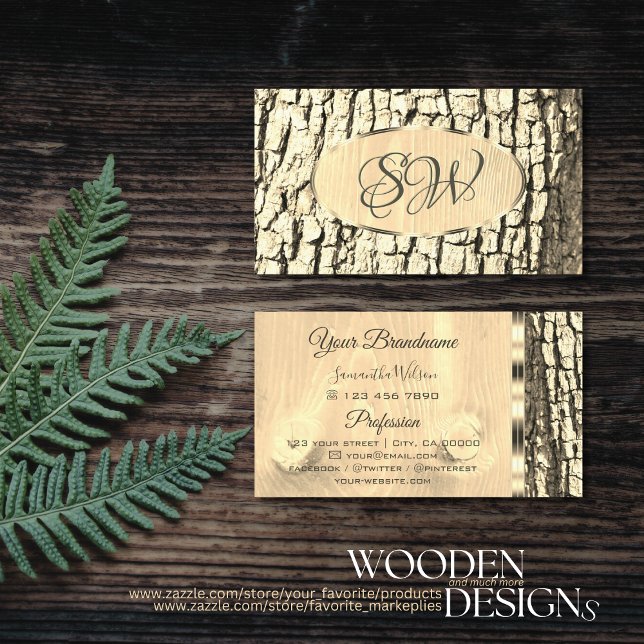 Tree Bark Wood Grain Oval Gold Border and Monogram Business Card (Creator Uploaded)