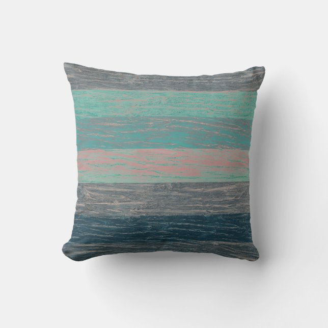 Tree bark wood striped grey turquoise cushion (Front)