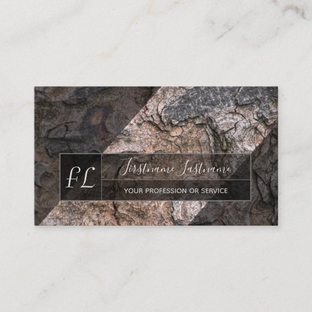 Tree bark wooden surface grey triangle monogram business card (Front)