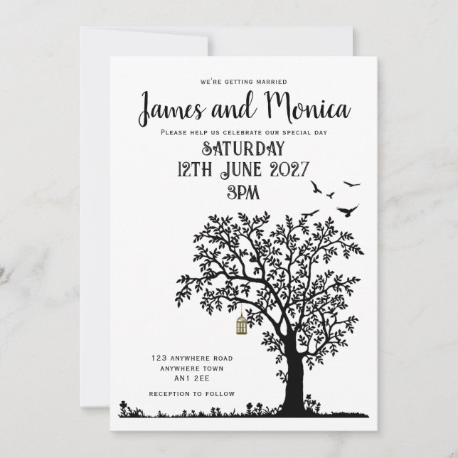Tree/Bird Simple Black and White Wedding Invitatio Invitation (Front)