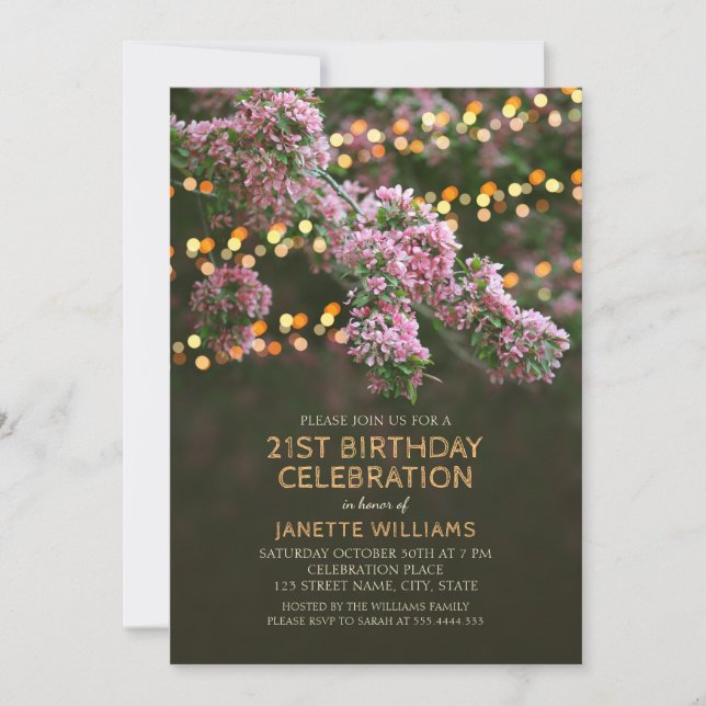 Tree Blossom Lights Rustic Floral 21st Birthday Invitation (Front)