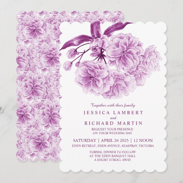 Tree blossom watercolor dusky purple wedding invitation (Front/Back)