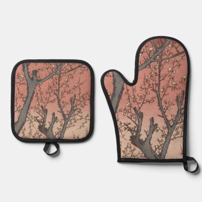 Tree Blossoms Plum Garden Japanese Oven Mitt & Pot Holder Set (Front)