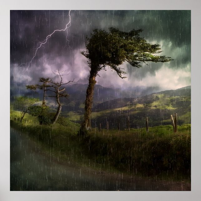 Tree Blowing in the Wind During a Thunder Storm Poster (Front)