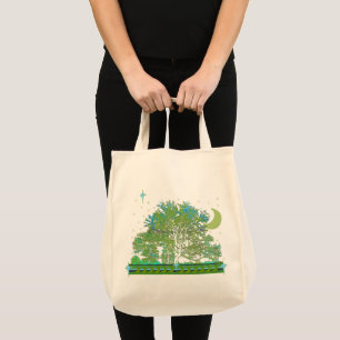 Tree Blues Celestial Moon and Stars Tote Bag