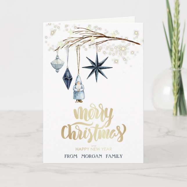 Tree Branch,Balls,Santa Claus,Stars Holiday Card (Front)