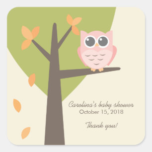 Tree Branch Pink Owl Autumn Baby Shower Thank You Square Sticker