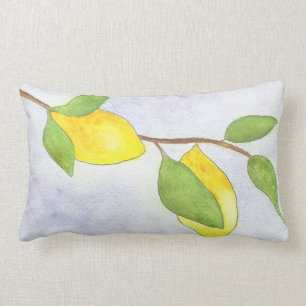 Tree Branch with Lemons and Leaves in Watercolor Lumbar Cushion