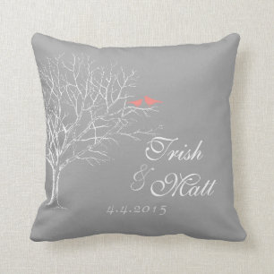 Tree Branched Grey Coral Birds Wedding Pillow