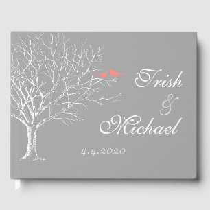 Tree Branches Grey Coral Birds Wedding Guestbook