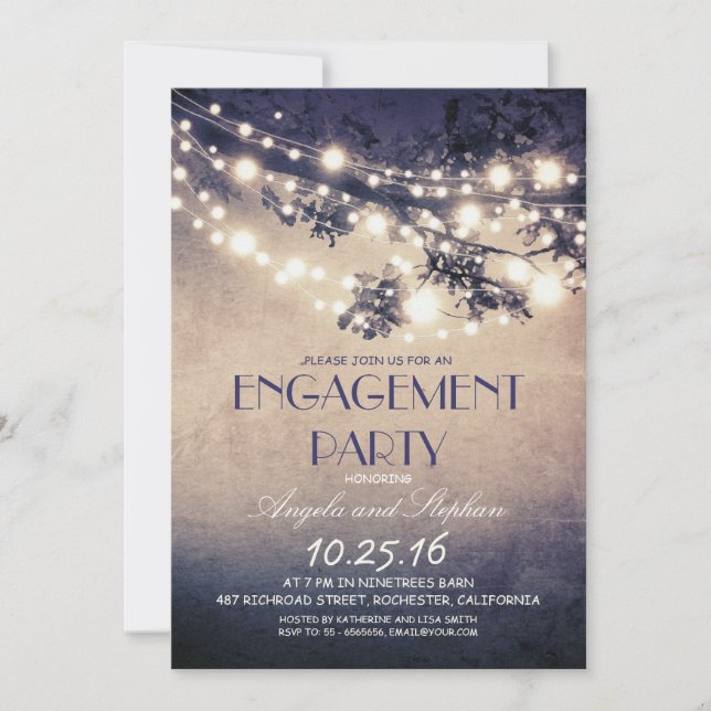 tree branches & string lights engagement party invitation (Front)