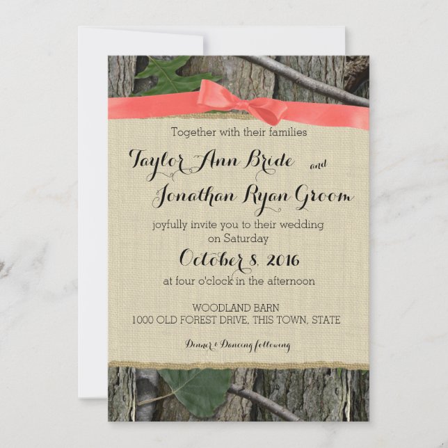 Tree Camo with Coral Bow Invitation (Front)