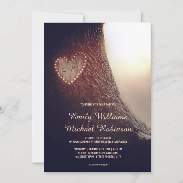 Tree Carved Heart Rustic and Vintage Wedding Invitation (Front)