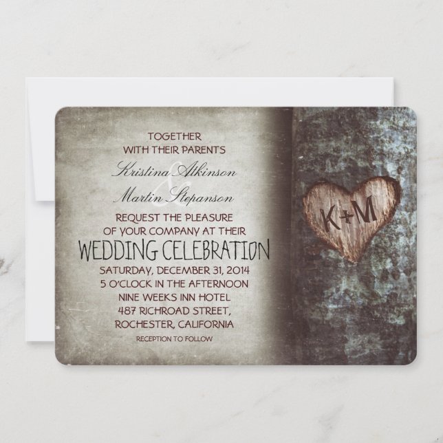 Tree Carved Heart Rustic and Vintage Wedding Invitation (Front)