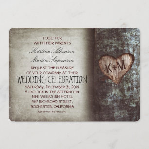 Tree Carved Heart Rustic and Vintage Wedding Invitation