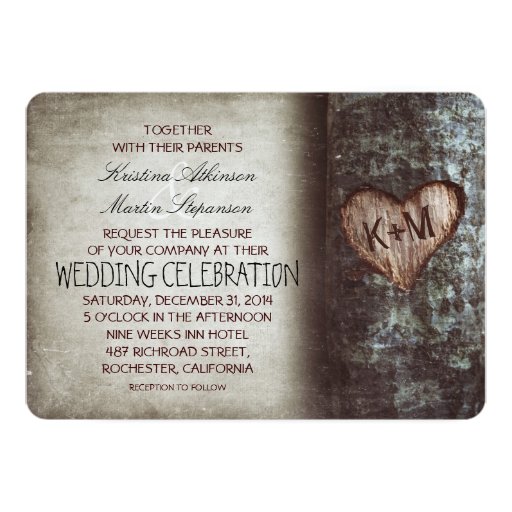 Tree Carved Heart Rustic and Vintage Wedding Invitation