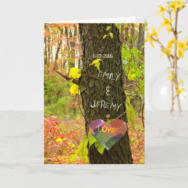 TREE "CARVED" WITH YOUR OWN NAMES/ANNIVERSARY CARD (Yellow Flower)