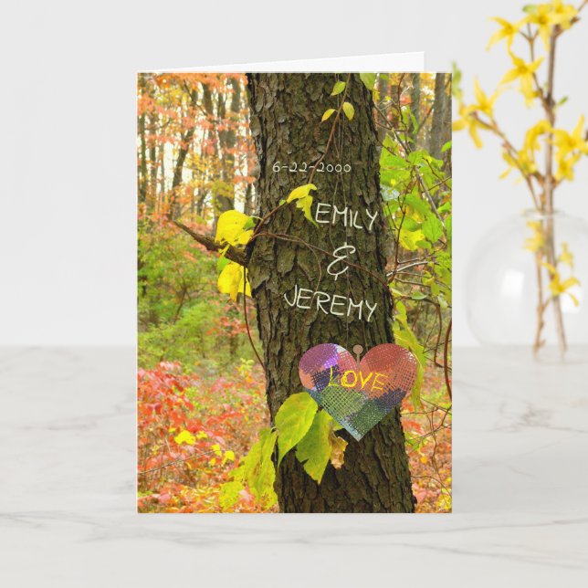 TREE "CARVED" WITH YOUR OWN NAMES/ANNIVERSARY CARD (Yellow Flower)