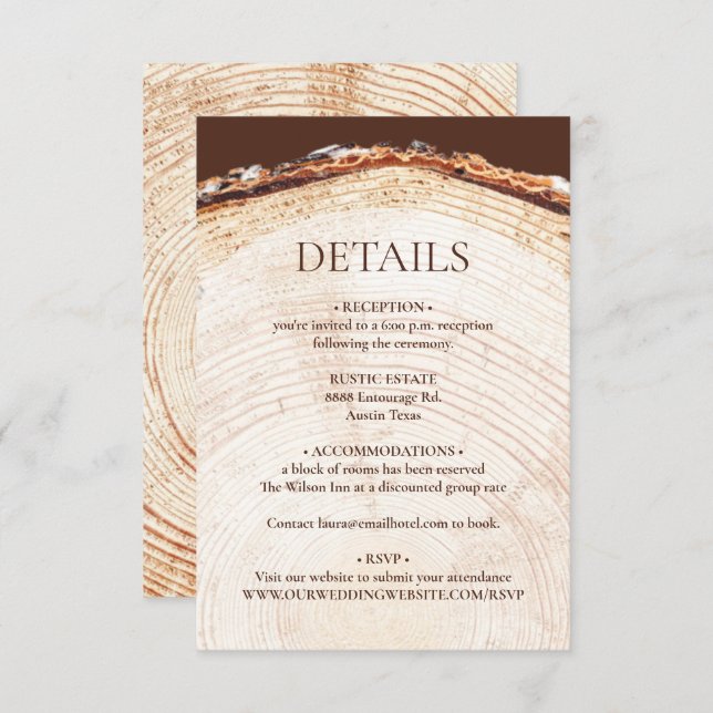 Tree Cut Customisable Rustic Wedding Details Enclosure Card (Front/Back)