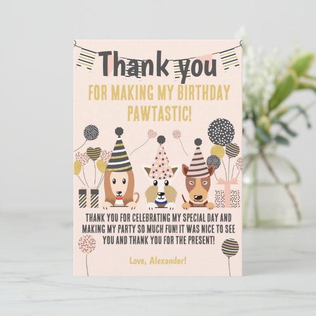 Tree cute dogs with party hats balloons Birthday Thank You Card (Standing Front)