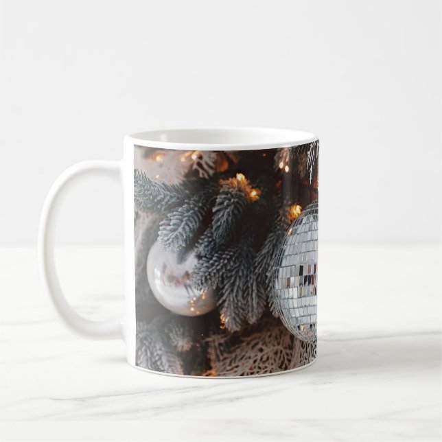 Tree decorations background with christmas light  coffee mug (Left)