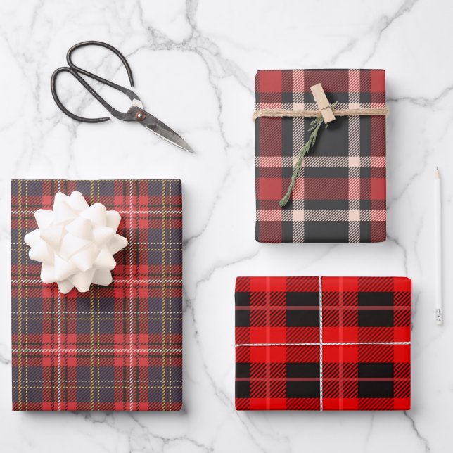 Tree different Christmas plaid red and black Wrapping Paper Sheet (Front)