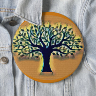 Tree faces yellow landscape watercolor 6 cm round badge